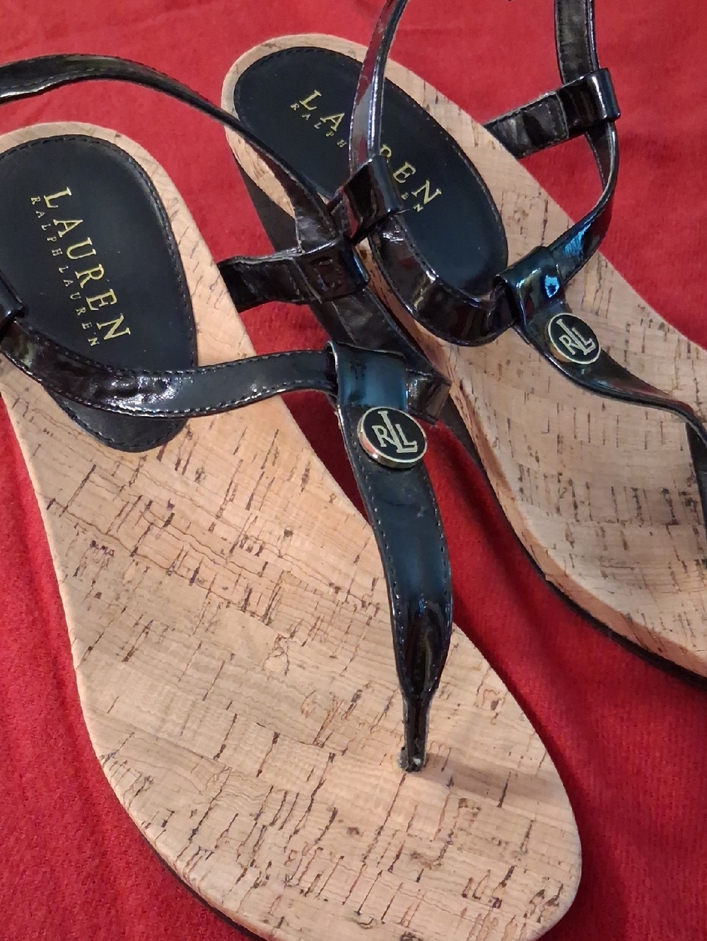 Lauren Ralph Lauren Black Patent Cork Wedge Thong Sandals with RL Logo
